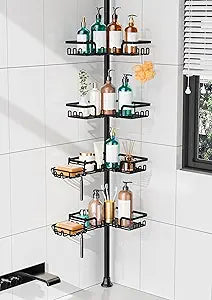KEGII 2-in-1 Soap Holders x 2 & 32 Hooks Shower Caddy Tension Pole, Stainless Steel Adjustable Corner Shower Organizer for Bathroom, 25114.2 Inches, Black