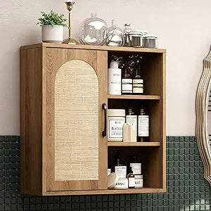 RUSTOWN Boho Rattan Wall Cabinet, Mid Century Bathroom Cabinet with Sliding Door, Adjustable Shelves, Over The Toilet Storage Cabinet (Rustic Oak)