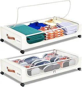 Under Bed Storage with Wheels, UnderBed Storage Containers with Clear Lid and Handles, XXL 60L Under the Bed Storage Bins Drawers for Clothes,Blankets,Shoes,Books (WHITE, 2 PACK)
