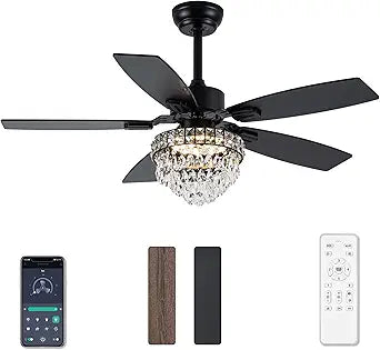 Chandelier Ceiling Fans with Lights and Remote,42in Chandelier Fan Ceiling,Crystal Ceiling Fan Fandelier with Lights,6 Speed 3 Timer Quiet Ceiling Fan for Bedroom (Black, 42 Inch)