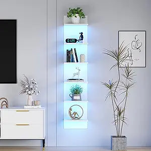 Qupui 6-Tier Wall Shelf with RGB LED Lights, 57" Tall Floating Storage Organizer for Bedroom Living Room Game Room - White Wall Mounted Shelves with 22 Lighting Modes