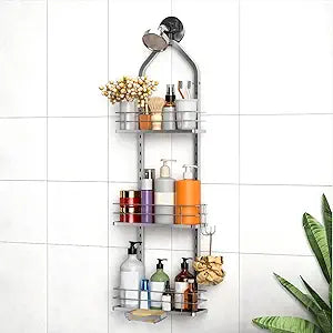 Shower Caddy Hanging (Silver), Adjustable Anti-Swing-Over The Shower Head Caddy, 3 Tier Height Bathroom Storage Organizer, Bathroom Shelves Basket Rack, Shower Caddies Rack with Adjustable Soap Basket