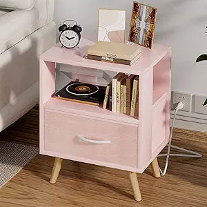 Aenuert Night Stand with Charging Station, Pink Kids Nightstand with Drawer, 2-Tier Nursery Bedside Table with USB Ports and Outlets, End Table for Small Space, Living Room, Bedroom