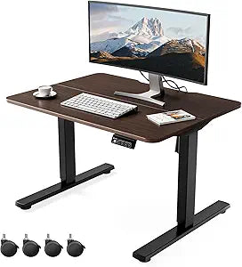 ERGOMAKER Low Height Adjustable Desk with Lockable Wheels, Lifts 18.9"-29.5", 31.5" x 23.6" Electric Small Standing Desk with Splice Board for Home Office & Short People(Black Frame, Walnut Desktop)