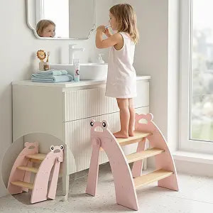 Wooden 3 Step Stool for Kids Bathroom Sink Foldable Anti-Slip, Child Stepping Stool for Kitchen Nursery Bedroom, Sturdy Non Slip Adult Stool for Closet