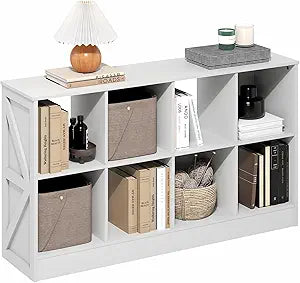 Furinno Jensen Book Shelf, 8-Cube Farmhouse Bookshelf, Display Bookcase, 11.8 x 47.6 x 26.8, for Living Room, Bedroom, Home Office, White