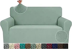 JIVINER Loveseat Slipcovers, 1 Piece Stretch Couch Covers for 2 Cushion Furniture Protector with Elastic Bottom for Kids Pets Jacquard 2 Seater Sofa Cover (Loveseat, Pea Green)