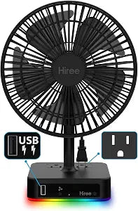 Hiree Desk Fan with USB Charging Port, 6.7 Inch 2 Speeds Small Desktop Table Fan with USB Charger, AC Outlet and LED Light, Strong Wind, Quiet Operation - Suitable for Bedroom, Home, Dorm Room