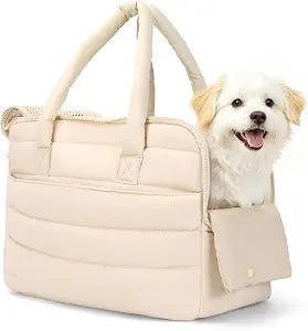 Dog Purse Carrier for Small Dog Cat Rabbit up to 13 lbs, Lightweight Portable Soft Sided Pet Purses, Quilted Puffy Tote Puppy Carrier with Large Pockets for Hiking, Travel, Vet Beige