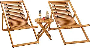 Flamaker 3-Piece Acacia Wood Patio Set, Chaise Lounge Chairs for 2 and Side Coffee Table, Adjustable and Foldable, for Pool, Beach, Backyard, No Assembly