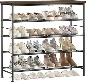 SUOERNUO Shoe Rack Organizer 5 Tier for Closet Entryway Free Standing Metal Storage Shoe Shelf with MDF Top BoardBlack+Rustic Brown