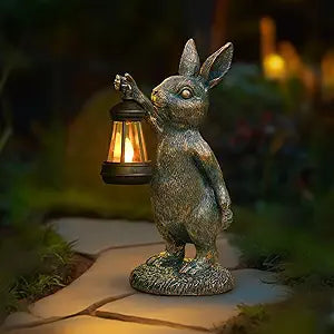 Rabbit Garden Statues with Solar Lantern Bunny Outdoor Resin Sculpture for Patio Yard Lawn Decorations Gifts for Mothers Day Housewarming Easter