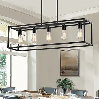 Yusist 5-Light Dining Room Light Fixture,Black Farmhouse Kitchen Island Lighting,Rustic Pendant Light Over Table with Adjustable Rods,Modern Linear Chandeliers for Dining Room Kitchen Island