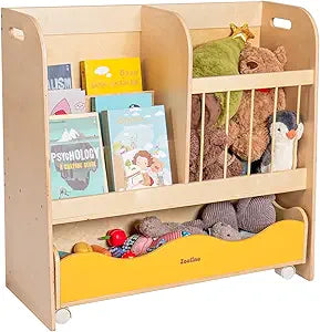 3-in-1 Kids Bookshelf and Toy Storage Organizer, Wooden Book Shelf for Kids Rooms with Large Stuffed Animal Storage & Removable Bins, Space-Saving Nursery Furniture for Toddlers, Natural