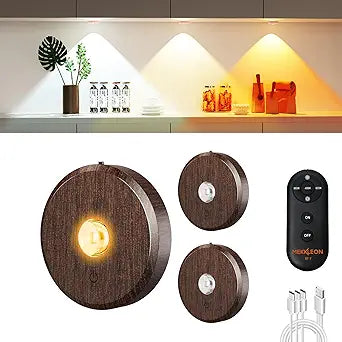 Puck Lights With Remote Control - Rechargeable, Wireless Under Cabinet Lighting, 2000mAh Battery Operated Tap Push Touch Light, Stick On for Counter, Shelf, Bookcase (Wood Color, 3 Pcs)