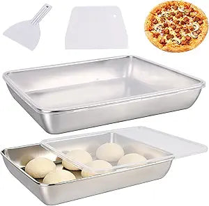2 Pack Pizza Dough Proofing Box, 6L Large Capacity Stainless Steel Food Storage Container with Lid, Household Pizza Dough Tray for Bread & Dough Balls, Includes Cutter