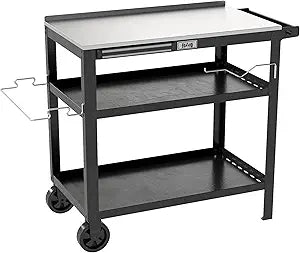 Feasto 31.5"x18" Outdoor Stainless Steel Grill Table, Movable Grill Prep Table Table with Seasoning Rack & Magnetic Tools Holder, Backyard BBQ Kitchen Food Prep Table for Portable Griddle & Pizza Oven