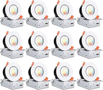 TORCHSTAR 12-Pack 5CCT 3 Inch Gimbal LED Recessed Light, 7W CRI90+ Dimmable Adjustable Eyeball Canless LED Downlight, 2700K/3000K/3500K/4000K/5000K Selectable, Airtight IC, ETL