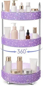 Honeydak 360 Rotating Perfume Organizer for Mother Day Nurse Day Rhinestone Bathroom Counter Organizer Makeup Holder Skincare and Perfume Storage for Cosmetic Countertop(3 Tiers,Resin Stone,Purple)