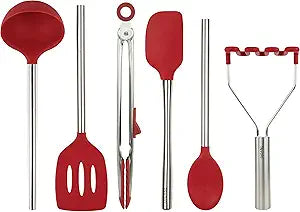 Tovolo Silicone Cooking Utensil Set of 6 Stainless Steel Handle Ladle Slotted Turner Tongs Flex Core Spatula Scraper Mixing Spoon & Potato Masher, Dishwasher Safe BPA Free Utensils, Cayenne Red