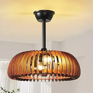 20'' Caged Ceiling Fan with Light, Wooden Low Profile Ceiling Fan with Light and Remote, 6 Speed and Reversible, Farmhouse Fandelier Bladeless Fan Lights for Bedroom, Kitchen