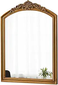 Antique Gold Mirrors for Wall Decor Living Room 23 x 30 Inch, Hanging Distressed Finish Wood Frame Vintage Ornate Decorative Arched Mirror for Above Couch Bedroom Bathroom Vanity