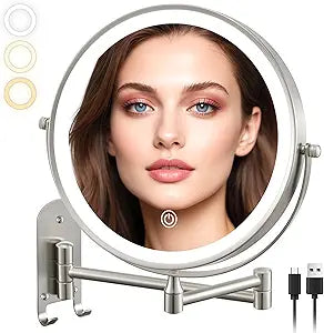ALHAKIN 9" Wall Mounted Lighted Makeup Mirror, Rechargeable 1X/15X Magnifying Mirror with 3 Color Lights Dimmable, 360 Rotation, Nickel
