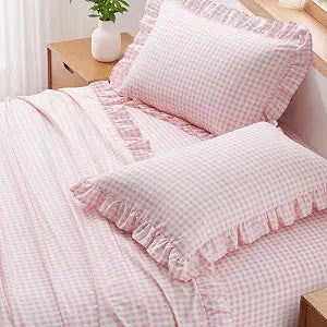 NSGZ Gingham Ruffle Queen Sheet Set, Light Pink Microfiber Plaid Bed Sheets
