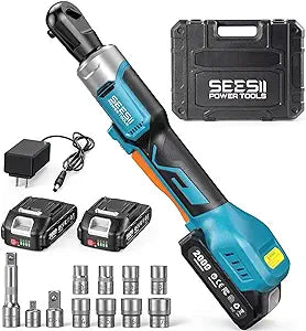 Seesii 3/8" Cordless Ratchet Wrench Set, 60 ft-lbs (80Nm) High Torque Electric Ratchet, 21V Max & 22.0Ah Batteries, 300 RPM, Fast Charger, LED Work Light,1017mm Socket Set, Extension Bar & Case