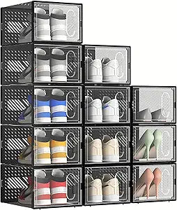 12 Packs Clear Plastic Shoebox With Magnetic Door, Large(13"  9"  5.6") Stackable Shoe Box Storage With Lids, Multifunctional Sneaker Containers, Toy Storage, Space-Saving Shoe Rack Black