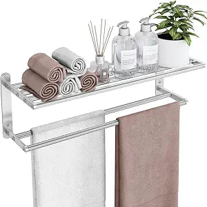 VOTZAAQ Towel Racks for Bathroom - 24 in Bath Towel Shelf with Double Towel Bar, Stainless Steel Towel Storage for Lavatory Wall Mounted, 2-Tier Towel Hanger Towel Holder, Brushed Nickel