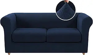 3 Piece Chesterfield Sofa Cover for 2 Cushion Couch High Arm Sofa Slipcovers 2 Seat High Stretch Washable Furniture Protector for Dogs Pet (Navy, Loveseat)