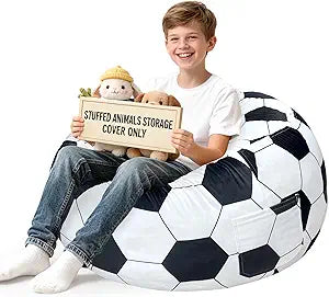 Lukeight Soccer Stuffed Animals Storage Bean Bag Chair Cover for Kids Teens, Cozy Velvet Plush Toy Organizer Seat, Cover Only, No Filling Included, Long YKK Zipper, Side Pocket, XX-Large 36 x 20 in