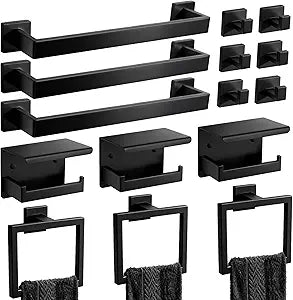Matte Black Bathroom Hardware Accessories Set, Stainless Steel Towel Racks for Bathroom, 16 Inch Towel Bar, Towel Holders, Updated Toilet Paper Holder with Shelf Wall Mounted(15-Pieces)