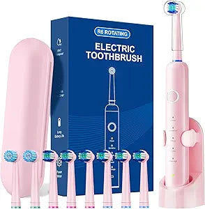 Electric Toothbrush for Adults, 8 Brush Heads (2 Types) & Travel Case, 5 Cleaning Modes Rechargeable Power Toothbrush with 2-Minute Smart Timer, Pink