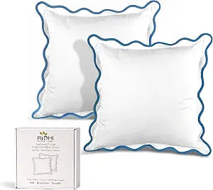 Ridhi White with Blue Scalloped 100% Cotton Throw Pillow Covers 24"x24" Set of 2 Solid Pure Farmhouse Case Soft Home Decor for Sofa, Bed, Couch, Living Room Gift for Spring, Summer
