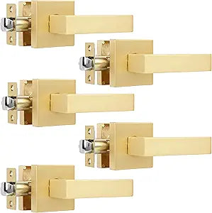 5 Pack Passage Door Lever Square Door Handle in Stain Brass,Interior Door Knob Modern Heavy Door Lock Contemporary Design Door Lockset for Hall or Closet