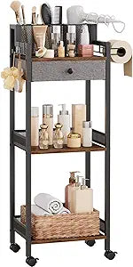 Bathroom Shelves with Drawer, 3 Tier Metal Rolling Standing Unit Storage Organizers with Toilet Paper Holder, Multifunctional Floor Corner Rack for Cosmetic, Dryer Curling Irons 12.8in Wide