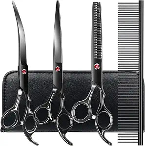 TINMARDA Dog Grooming Kit, Titanium Black Stainless Steel Dog Grooming Scissors with Curved Shears, Black Finger Rings - 4 Piece Sharp Durable Pet Shears for Dogs Cats At Home Salon-Quality Grooming