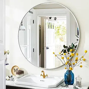 VooBang Silver Round Bathroom Mirror, 24 inch Circle Wall Mounted Hanging Mirror with Simple Modern Circular Metal Frame for Hallway, Entryway, Living Room, Silver Frame