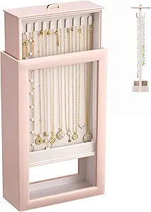 Lolalet Upgraded Double-Sided Hanging Necklace Organizer Box, Jewelry Display Case with Double-Sided Clear Window for Necklaces Bracelets, Tangle-Free Necklace Storage Box, Pink, 1-Layer 20 Hooks