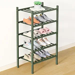 Smiry Bamboo Shoe Rack for Closet, 5 Tier Small Wooden Shoe Organizer, Stackable Wood Shoe Storage Shelf for Entryway, 14 Vertical Slats, 2+3 Stack Heavy-Duty Legs, 17.32"x11.02"x31.3", Green