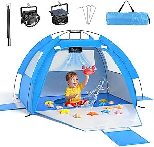 Baby Beach Tent Solar Cooling Fan, Anti-UV Toddler Beach Tent Sun Shelter Portable Travel Fan Beach Shade Tent, Baby Play Tent Built-in Ceiling Fan Sun Shelters Toddler Beach Essentials Blue