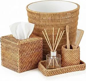 Cinnvoice 5 Pcs Boho Bathroom Accessories Set, Wicker Rattan Bathroom Decoration Includes Tissue Box Cover Toothbrush Holder Vanity Tray and Trash Can for Farmhouse Bedroom Toilet Countertop