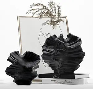 Ceramic Vase - Set of 2 for Home Decor,Black Flower Shape Pampas Vases Minimalist Nordic Boho Style for Modern Farmhouse Decor, Living Room KitchenMantleBedroomDining TableOffice