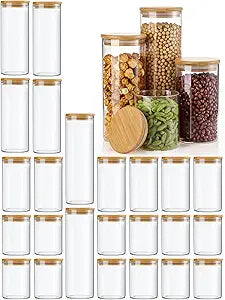 Qinyoung Glass Storage Jars with Wooden Lids, 4 Sizes Food Storage Containers Clear Stackable Canisters Airtight Glass Jars for Candy Cookie (Clear, Light Brown, 15oz 25oz 34oz 42oz, 24 Pcs)