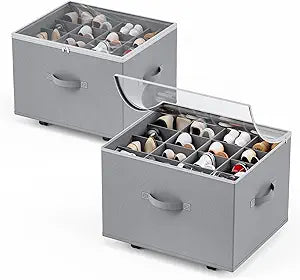 HOUSE AGAIN Shoe Organizer for Closet, 2 Pack Shoe Storage Organizer with Wheels, Foldable Shoe Storage Box with Adjustable Dividers and Clear Cover, Reinforced Handles, Fits up to 16-32 Pairs, Gray