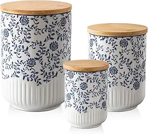 Canisters Sets for Kitchen - Ceramic Kitchen Containers for Countertop with Airtight Wood Lids - Flour and Sugar Containers for Coffee Tea Spice Beans Cookie Jars - Blue Set of 3