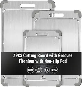 3Pcs 100% Pure Titanium Cutting Board with Grooves, Update Double Side Titanium Chopping Board, Silicone Anti-slip Stainless Cutting Boards Set for Kitchen, Grey