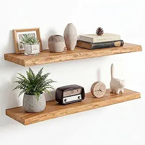 Live Edge Floating Shelves for Wall, 9.2 Inch Deep Reclaimed Elm Wood Wall Shelves with Invisible Bracket for Living Room Bedroom Kitchen Bathroom Decor, 36 Inch Wide, Set of 2, Natural Finish